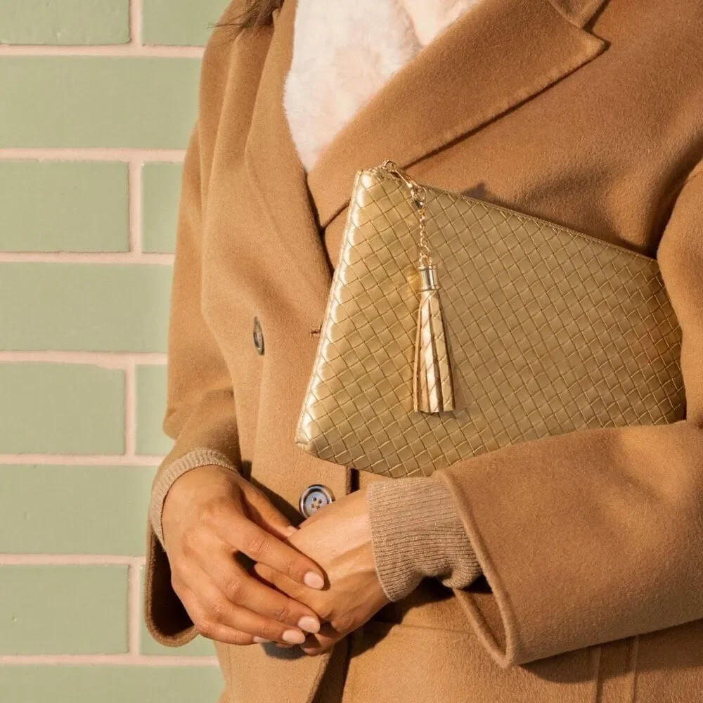 $88 VIRGINIA WOLF Mimi Woven Pouch, Gold